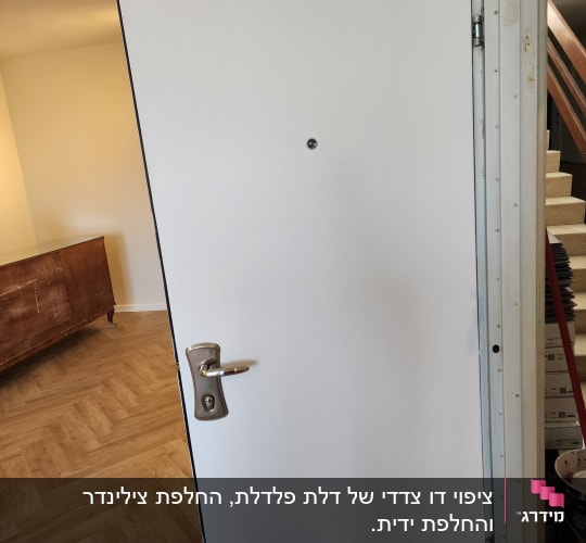 דלת לבנה עם ידית מתכת בחדר פנימי